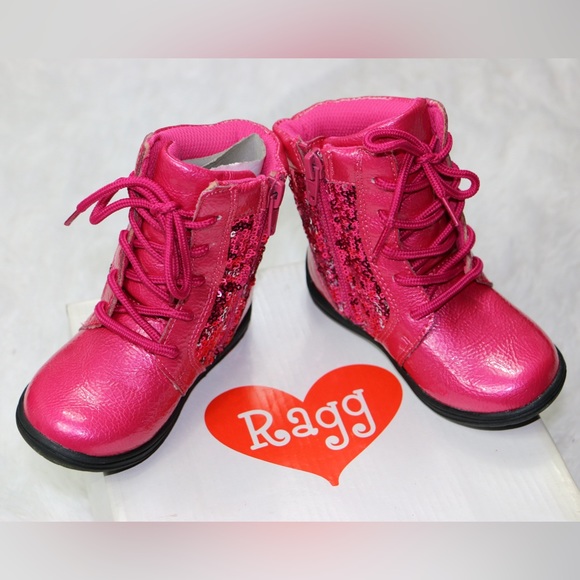 Girls Ragg Pink Sequin Leather Lace Up Side Zipper New Boots Shoes Size 22 US 6 - Picture 10 of 10